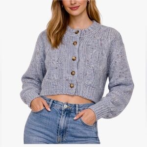 Double Zero Button-Up Cropped Sweater in Light Blue